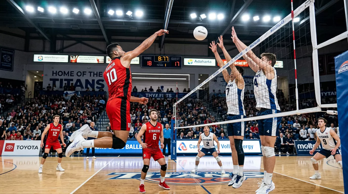 Volleyball-Spieler beim Netzangriff während eines Live-Spiels in einer Sporthalle