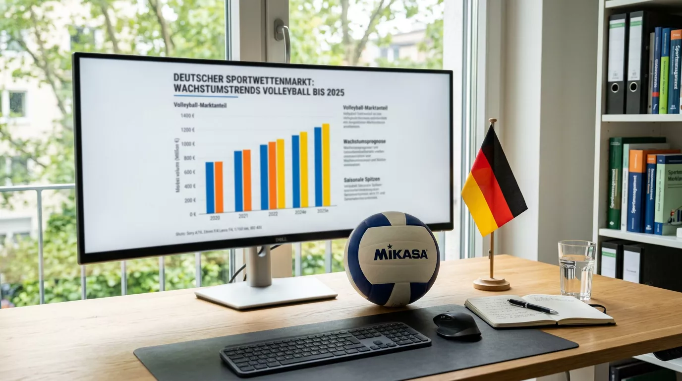 Symbolische Darstellung des deutschen Sportwettenmarktes mit Volleyball und Eurozeichen