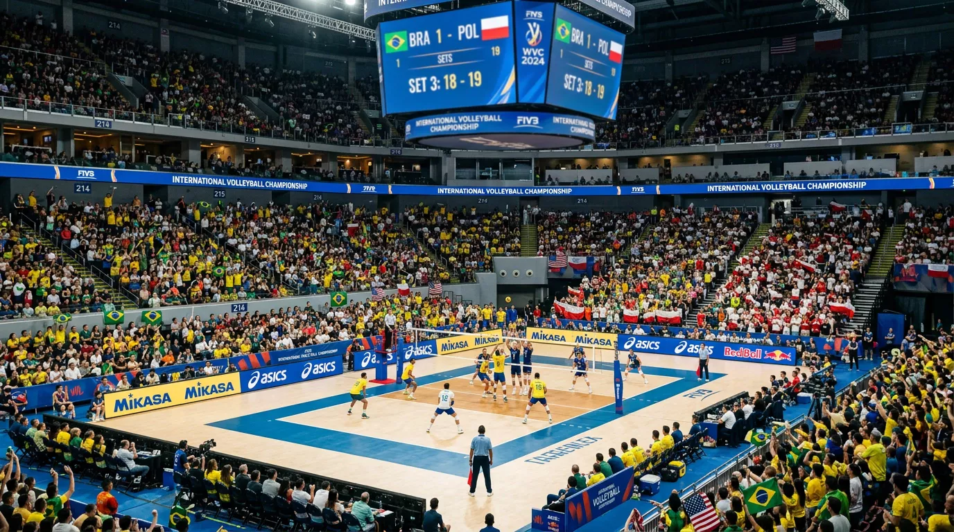 Vollbesetzte Volleyball-Arena während eines internationalen Turniers mit Zuschauern und Spielfeld