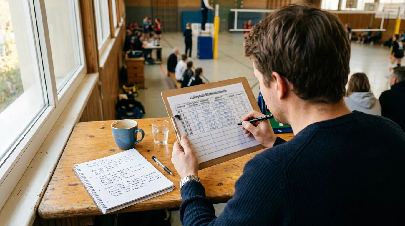 Person analysiert Volleyball-Statistiken auf einem Tablet neben handschriftlichen Notizen